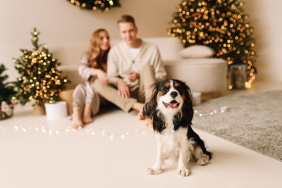 A couple in love hugging and relaxing on a christmas holiday in the decorated interior of the house