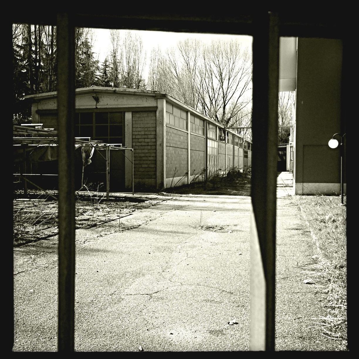 architecture, built structure, window, building exterior, house, tree, door, indoors, empty, closed, absence, transfer print, day, sunlight, entrance, no people, auto post production filter, shadow, abandoned, gate