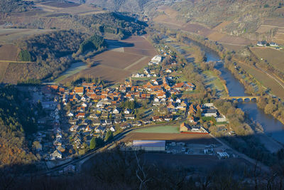 High angle view of trees and buildings in city