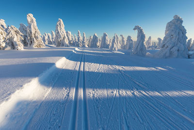 Snow covered landscape against blue sky