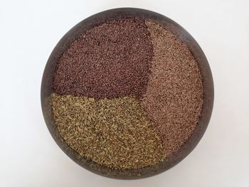 High angle view of bread in bowl against white background