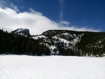 Scenic view of snow covered mountains against sky