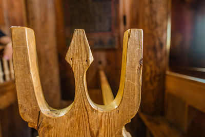 High angle view of old equipment on wood