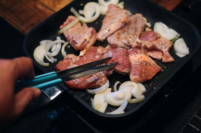 High angle view of food on barbecue grill