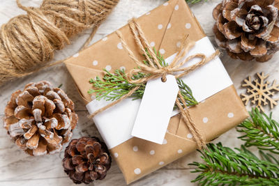 High angle view of christmas decorations on table