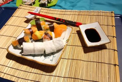 High angle view of sushi in plate