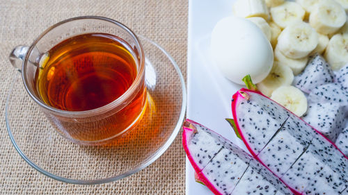 High angle view of tea served on table