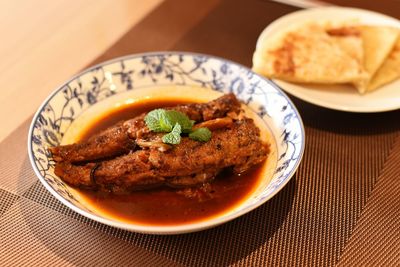 High angle view of meal served on table