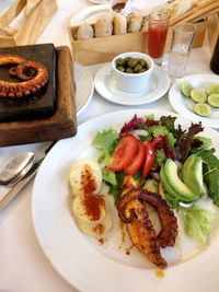 High angle view of breakfast served on table