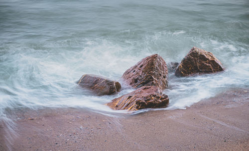 High angle view of rocks on beach