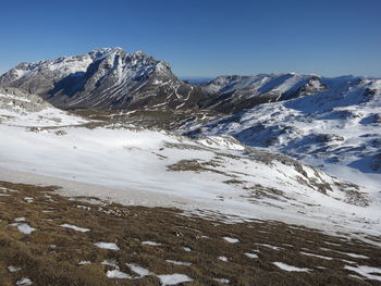 Scenic view of snowcapped mountains against clear sky