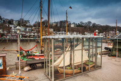 Neumuhlen ferry stop at the banks of elbe river in hamburg on a cold end of winter day