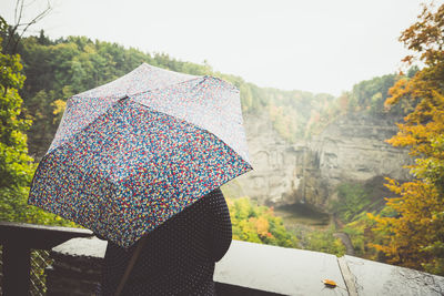 Rear view of woman holding umbrella while standing by railing against trees and sky