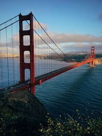 View of suspension bridge over river