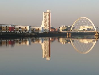 Reflection of buildings in river against clear sky