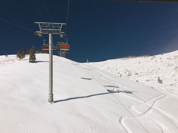 Snow covered land against clear sky