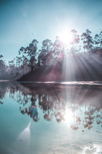 Scenic view of lake against sky on sunny day