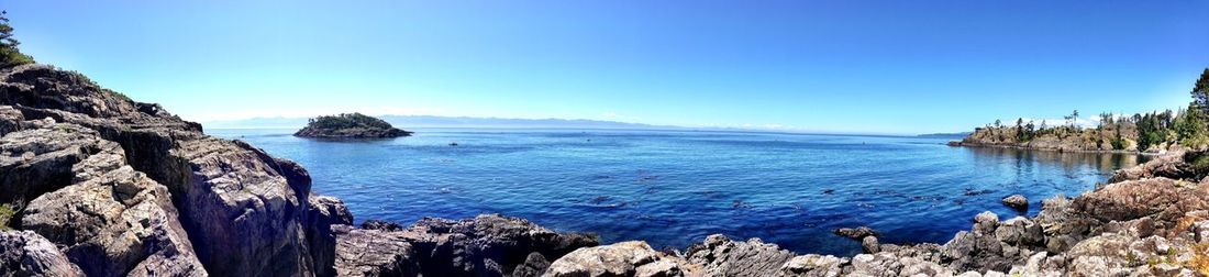 Panoramic view of sea against clear blue sky
