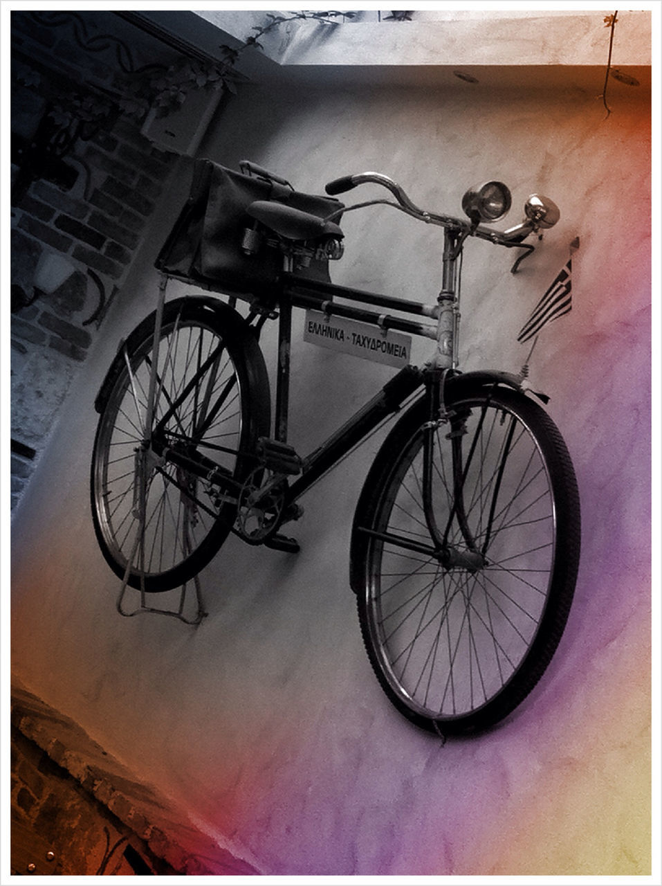 bicycle, architecture, built structure, transfer print, building exterior, auto post production filter, transportation, wall - building feature, mode of transport, stationary, land vehicle, wheel, parked, wall, parking, day, no people, window, outdoors, house