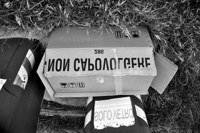 High angle view of information sign on field