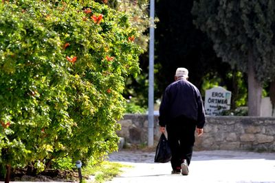 Rear view of man walking by plants