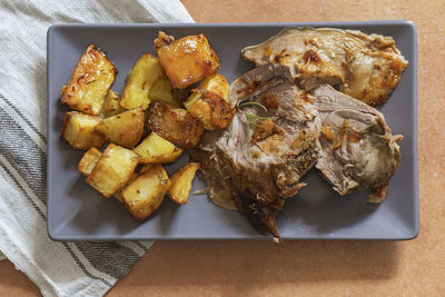 High angle view of food served on table