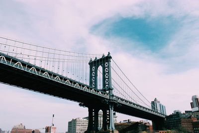 Low angle view of suspension bridge against cloudy sky