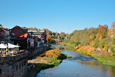 Buildings by river against clear blue sky