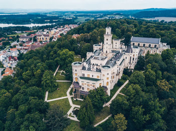 High angle aerial view of hluboka castle