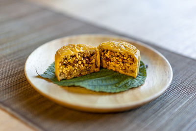 High angle view of dessert in plate on table