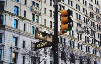 Low angle view of road sign against buildings in city