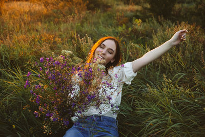 Healing power of, benefits of ecotherapy, nature impact wellbeing. happy young woman with long hair