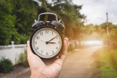 Close-up of hand holding clock against trees