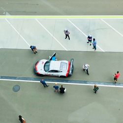 High angle view of people on road