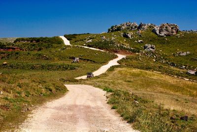 Road amidst field against clear blue sky