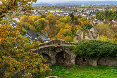 Arch bridge amidst trees and buildings during autumn