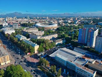 High angle view of buildings in city