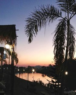 Reflection of trees in water at dusk