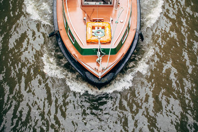 High angle view of boat moving on river