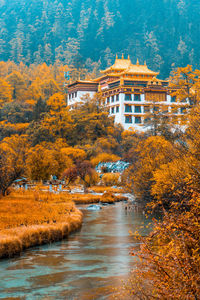 High angle view of buildings in lake