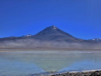 Scenic view of mountains against clear blue sky