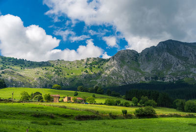 Scenic view of green landscape and mountains against sky