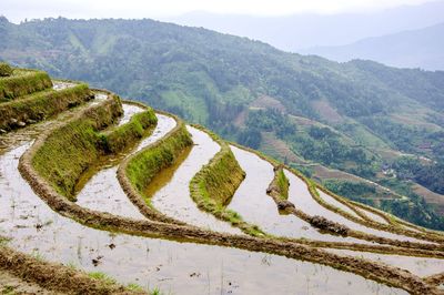 High angle view of mountains against sky