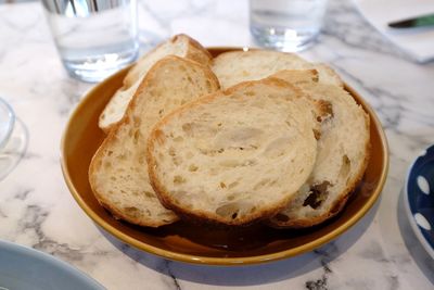 High angle view of bread in plate on table