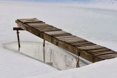 Pier on snow covered land