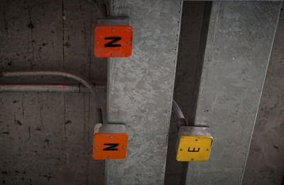 Close-up of arrow sign on wall