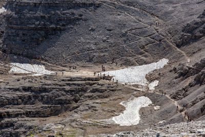 High angle view of people on rock