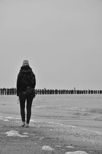 Rear view of man walking on beach