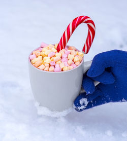 Cropped hand of person wearing glove while holding marshmallows and candy cane in cup during winter