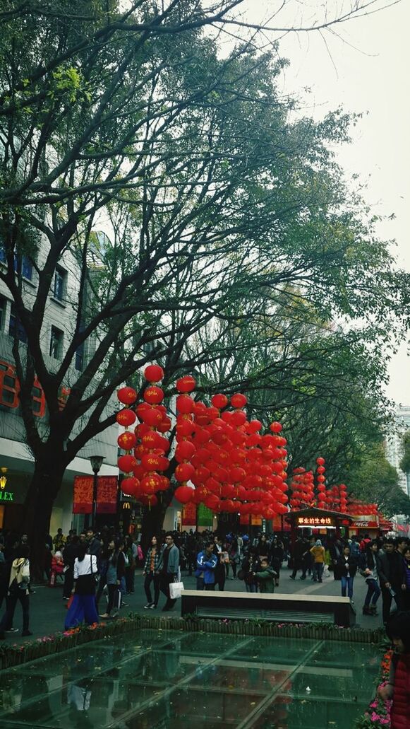 large group of people, tree, person, lifestyles, men, red, leisure activity, walking, street, mixed age range, day, outdoors, city life, transportation, crowd, travel, sky, city, medium group of people